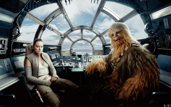 HD desktop wallpaper featuring Daisy Ridley as Rey and Chewbacca inside the cockpit of the Millennium Falcon from Star Wars: The Last Jedi.