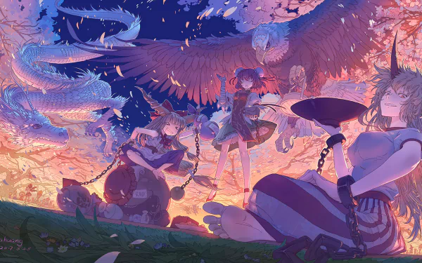 HD anime wallpaper featuring Kasen Ibaraki, Yuugi Hoshiguma, and Suika Ibuki from Touhou amidst a vibrant, colorful sky with dynamic lighting and detailed backgrounds.