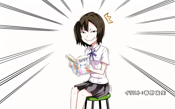 HD PC desktop wallpaper of Kudanshita Kusshi from D-Frag! — anime girl smirking on a stool while reading a manga, framed by bold radiating speed lines.