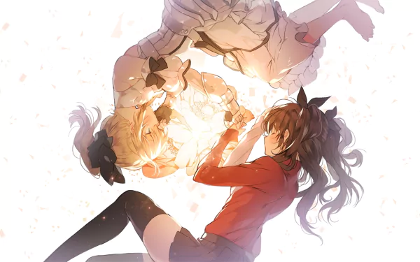 HD anime desktop wallpaper featuring Rin Tohsaka and Saber Bride from Fate/unlimited codes, depicted in a bright, dynamic pose with soft lighting and cherry blossom petals.