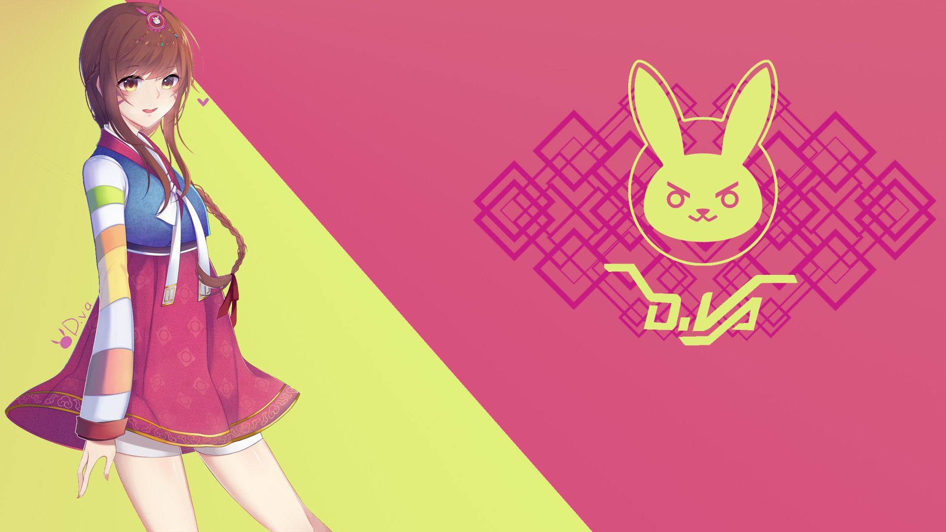 HD desktop wallpaper featuring D.Va from the video game Overwatch, set against a pink and yellow background with D.Va's signature bunny logo.