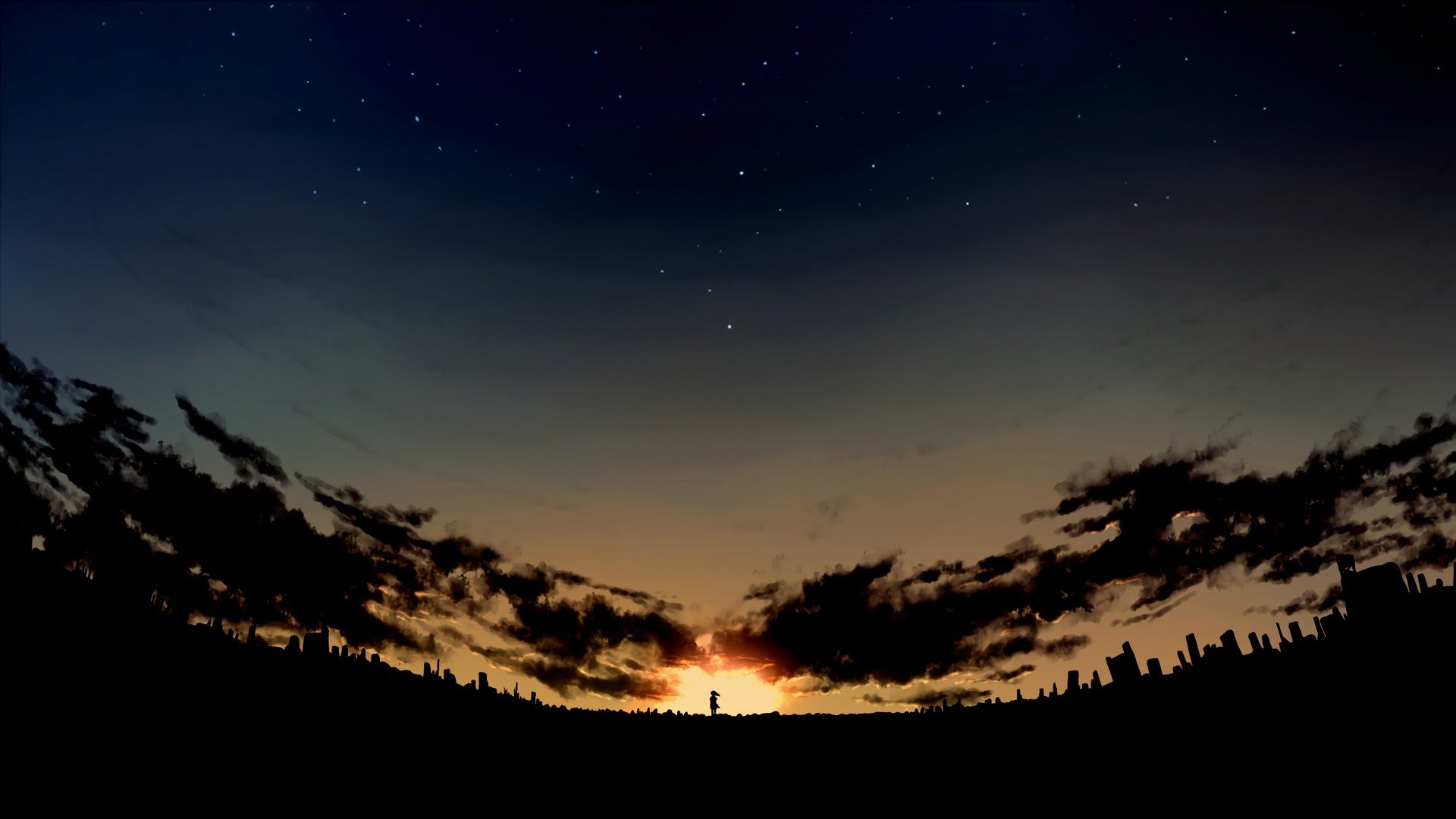 HD anime wallpaper featuring an original artwork of a silhouette against a sunset with city skyline and starry sky.