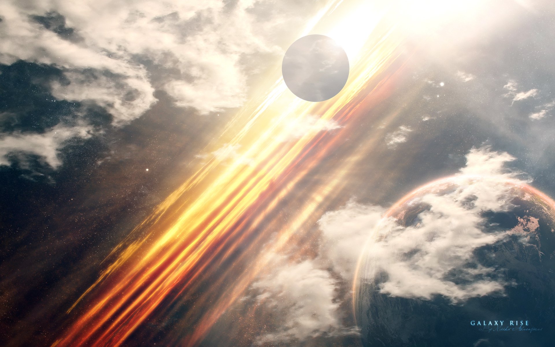 HD PC desktop wallpaper featuring a sci-fi scene with a glowing star, a planet partially obscured by clouds, and bright cosmic streaks cutting across the sky.