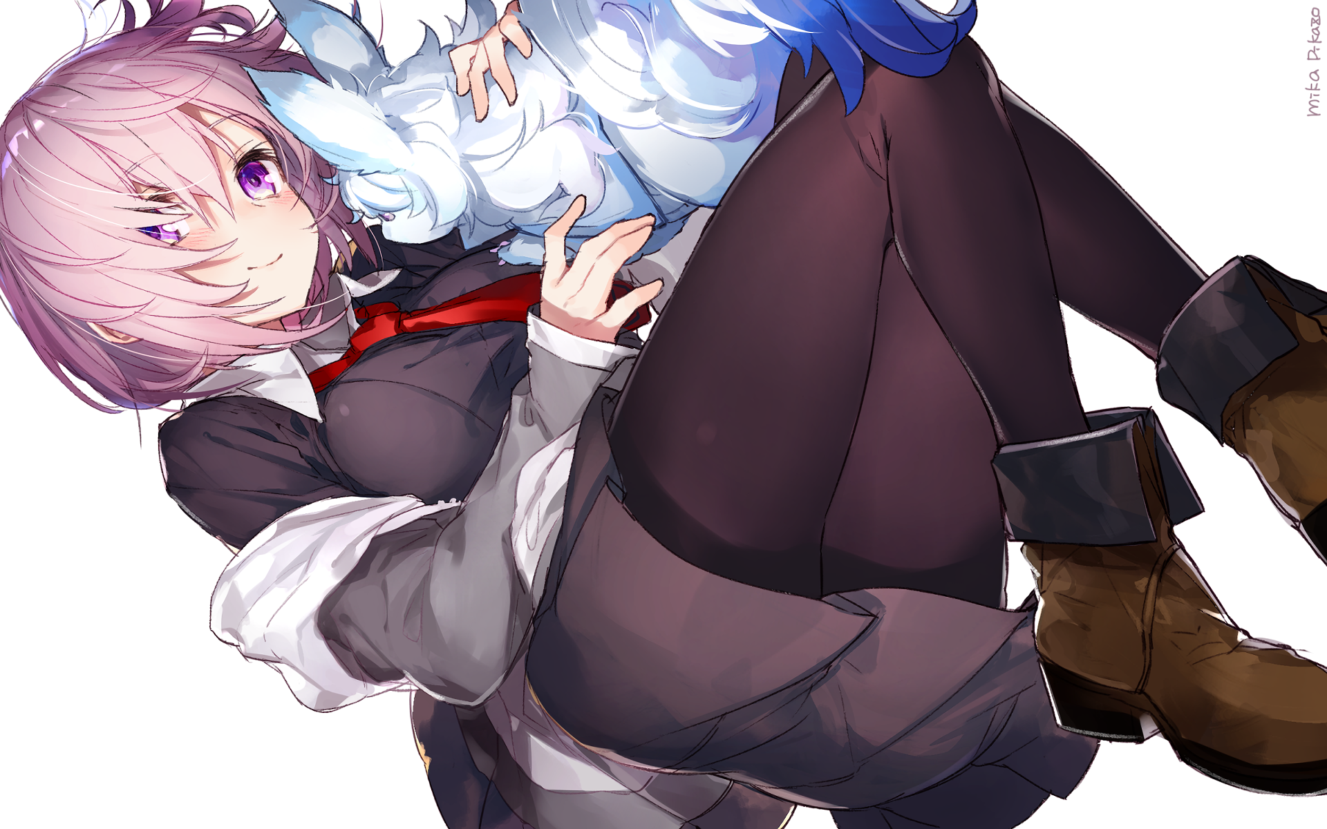 HD PC desktop wallpaper featuring Shielder from Fate/Grand Order in anime style, showcasing her with short pink hair, a dark outfit, and a white wolf companion.