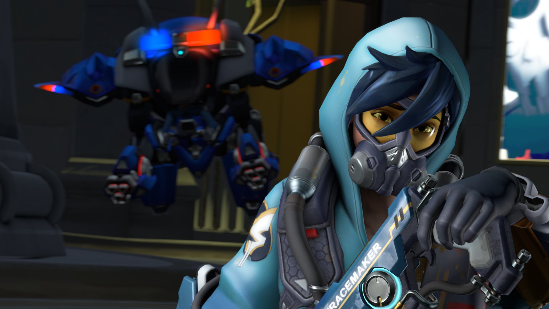 HD PC desktop wallpaper featuring Tracer from the video game Overwatch in a dynamic pose with a mech in the background.