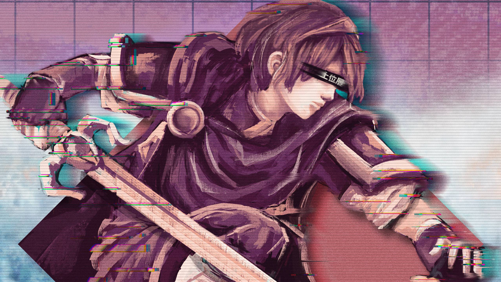 HD PC desktop wallpaper of a Fire Emblem video game character — an armored swordfighter in a dark cloak striking a dynamic pose against a glitchy purple background.