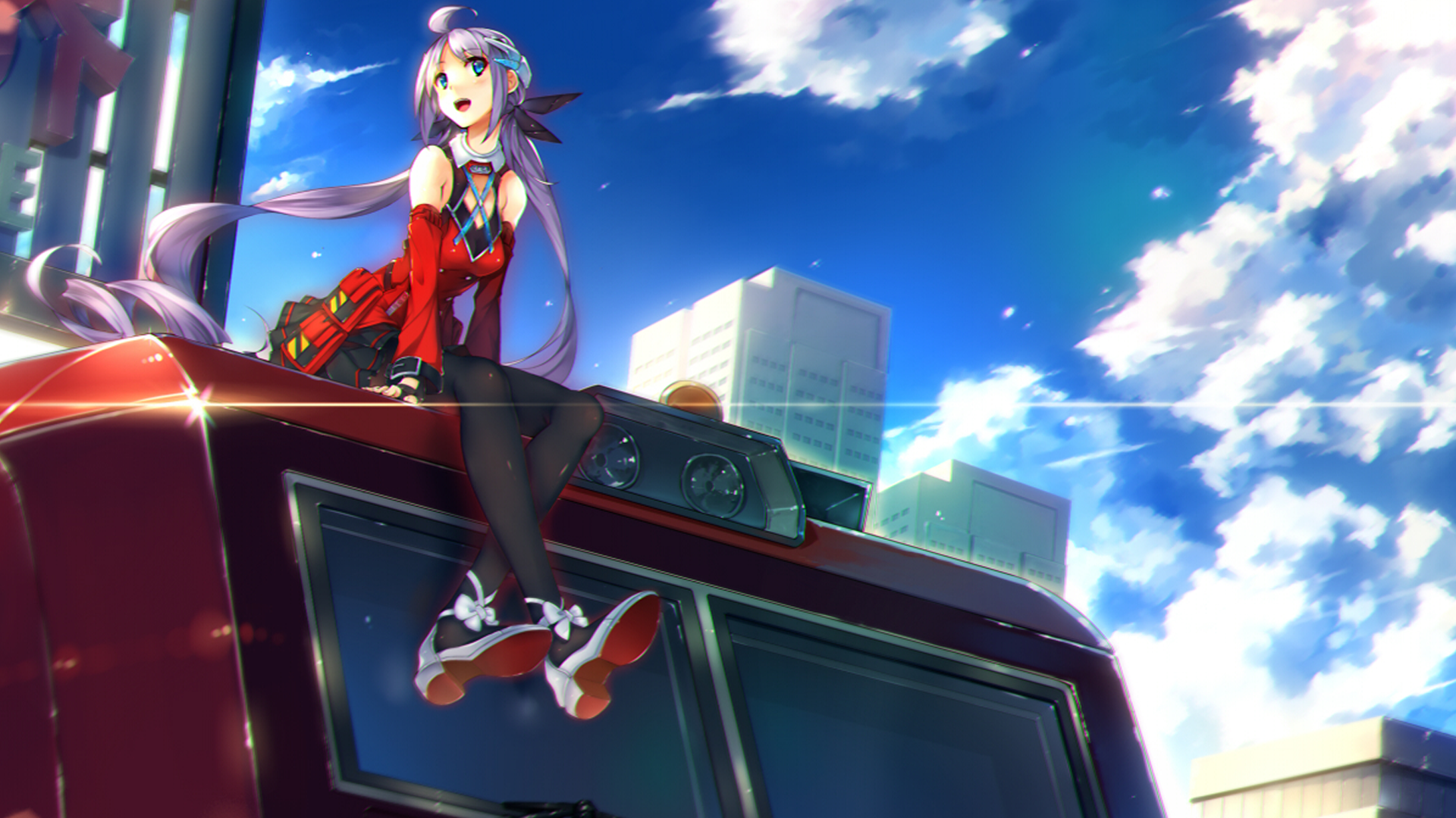 HD anime original artwork featuring a girl in vibrant clothing sitting atop a train against a bright blue sky, designed as a PC desktop wallpaper and background.