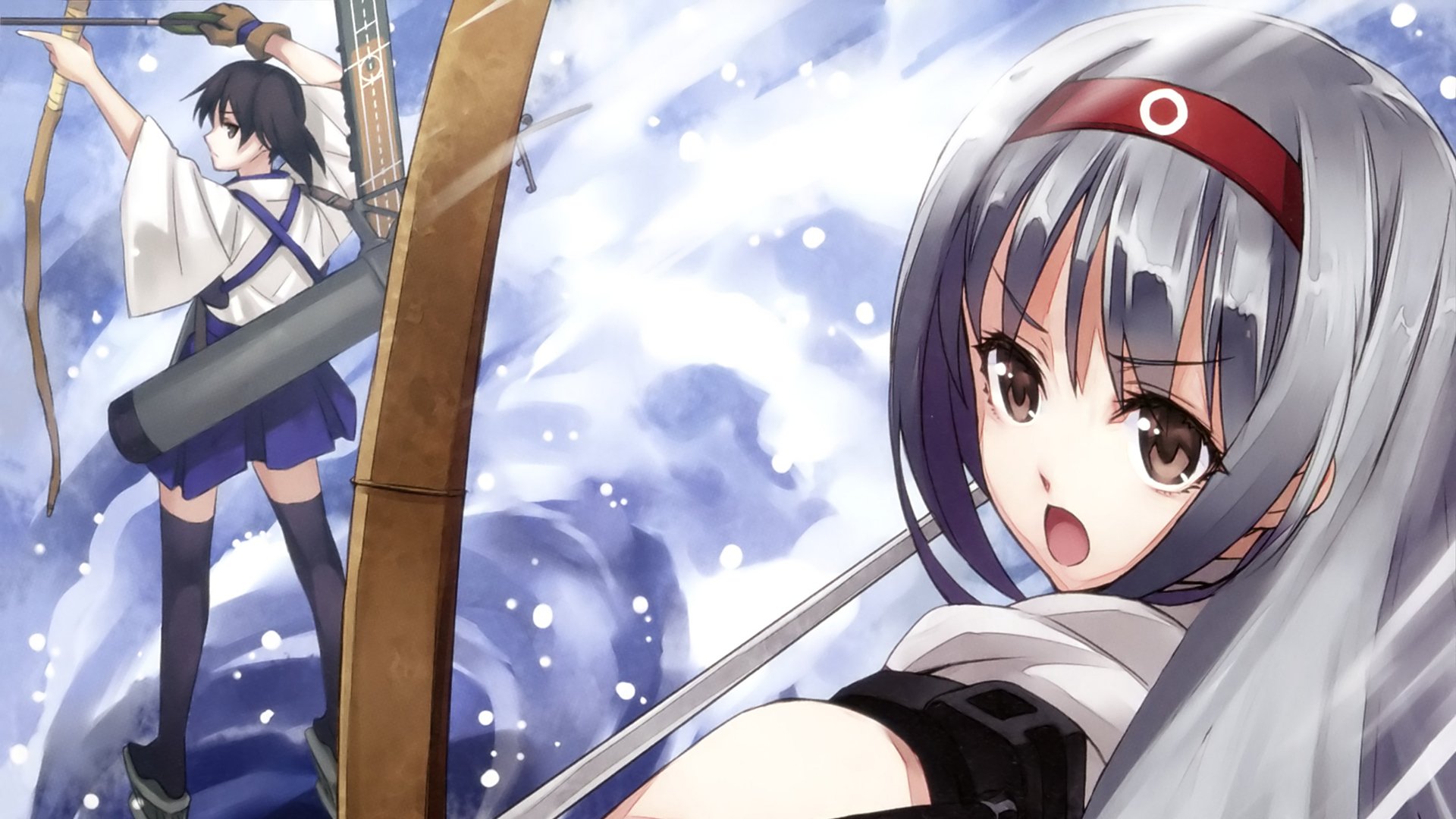 HD PC desktop wallpaper of Kantai Collection anime featuring Kaga and Shoukaku: two shipgirls at sea, one aiming a bow, snowy sky and waves in the background.