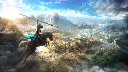 A majestic HD wallpaper of a warrior on horseback holding a spear, overlooking a vast army in a battlefield, set within the dynamic landscape of Dynasty Warriors 9.