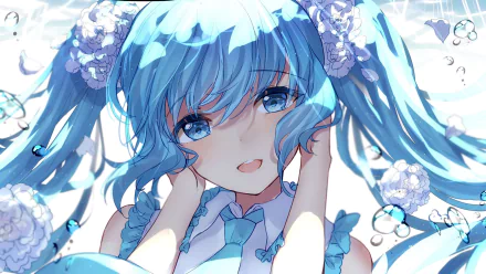 HD desktop wallpaper featuring Hatsune Miku from Vocaloid in an anime style, with a close-up of her face, blue hair, and expressive eyes, surrounded by flowery decorations.