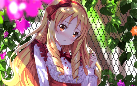 Anime character Elf Yamada from EroManga-Sensei with red eyes and blonde hair, blushing and in front of a garden backdrop with flowers. HD desktop wallpaper.