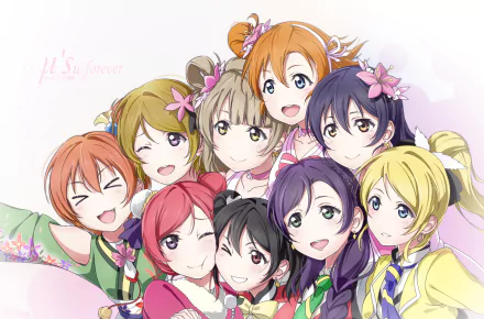 HD PC wallpaper featuring the Love Live! anime characters Nozomi Tojo, Nico Yazawa, Umi Sonoda, Maki Nishikino, Kotori Minami, Honoka Kousaka, Hanayo Koizumi, Rin Hoshizora, and Eri Ayase.