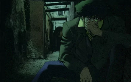 HD PC desktop wallpaper featuring Spike Spiegel from the anime Cowboy Bebop, depicted in a dark, moody corridor setting.