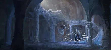 HD desktop wallpaper and background featuring characters from the anime Re:Creators, including Gunpuku no Himegimi, in a dramatic, dark architectural scene.