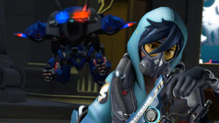 HD PC desktop wallpaper featuring Tracer from the video game Overwatch in a dynamic pose with a mech in the background.