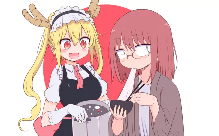 A colorful HD wallpaper featuring characters Kobayashi and Tohru from the anime Miss Kobayashi's Dragon Maid, depicting Tohru in a maid outfit and Kobayashi enjoying a meal together.