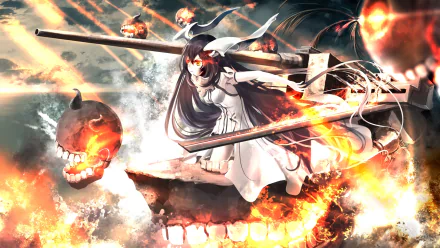 HD anime desktop wallpaper featuring Anchorage Demon from Kantai Collection, showcasing dynamic action with fiery skulls and a fierce, intense atmosphere.