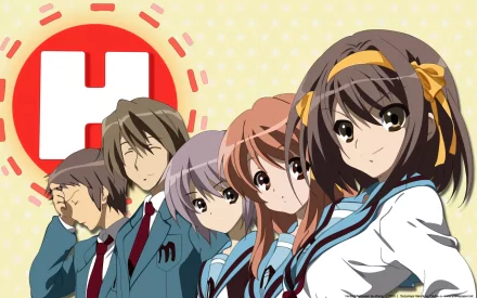 A vibrant HD wallpaper featuring characters from The Melancholy of Haruhi Suzumiya including Haruhi, Kyon, Yuki, Mikuru, and Itsuki against a colorful background.