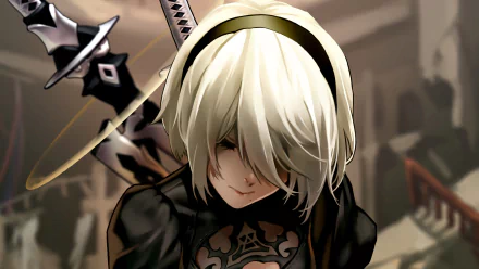 A high-definition desktop wallpaper featuring YoRHa No.2 Type B from the video game NieR: Automata. The character has white hair and is dressed in black, with a sword visible in the background.