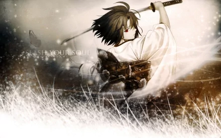A striking HD wallpaper from Kara no Kyōkai, featuring a character wielding a sword in a dynamic pose, set against a dreamy, atmospheric background.