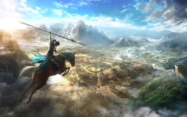 A majestic HD wallpaper of a warrior on horseback holding a spear, overlooking a vast army in a battlefield, set within the dynamic landscape of Dynasty Warriors 9.