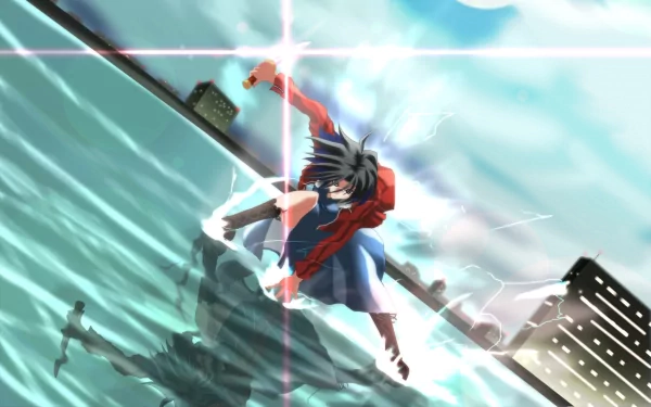 HD PC desktop wallpaper featuring an anime scene from The Garden of Sinners with a dynamic character against a bright sky and urban background.