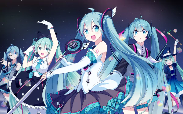 HD desktop wallpaper of anime character Hatsune Miku from Vocaloid, featuring multiple vibrant and dynamic poses on a starry background.