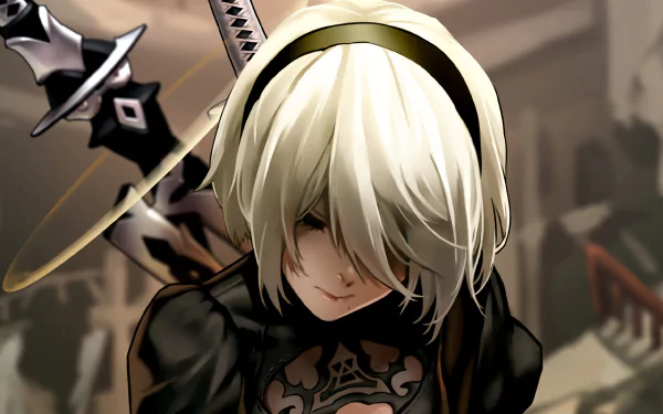 A high-definition desktop wallpaper featuring YoRHa No.2 Type B from the video game NieR: Automata. The character has white hair and is dressed in black, with a sword visible in the background.