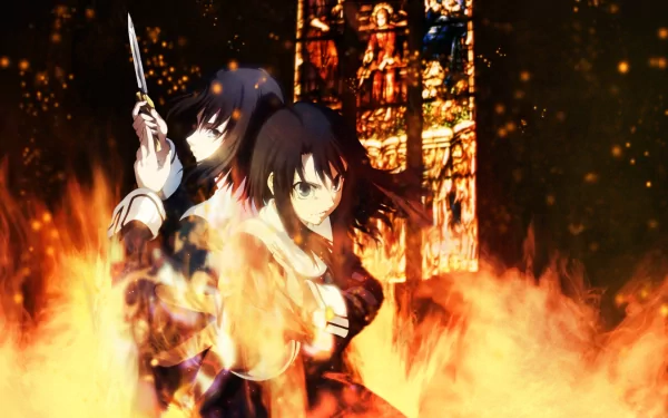 HD desktop wallpaper featuring Shiki Ryougi and Azaka Kokutou from the anime Kara no Kyōkai, set against a dramatic backdrop of flames and stained glass.