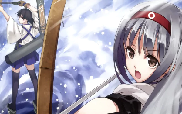 HD PC desktop wallpaper of Kantai Collection anime featuring Kaga and Shoukaku: two shipgirls at sea, one aiming a bow, snowy sky and waves in the background.