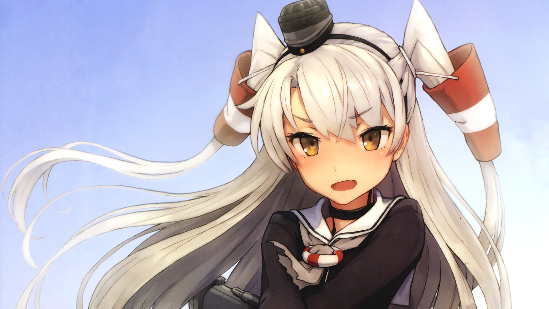 HD PC desktop wallpaper of Amatsukaze (Kancolle) from Kantai Collection: anime-style portrait with long silver hair, red-white ribbons, black naval uniform and arms crossed against a blue sky.