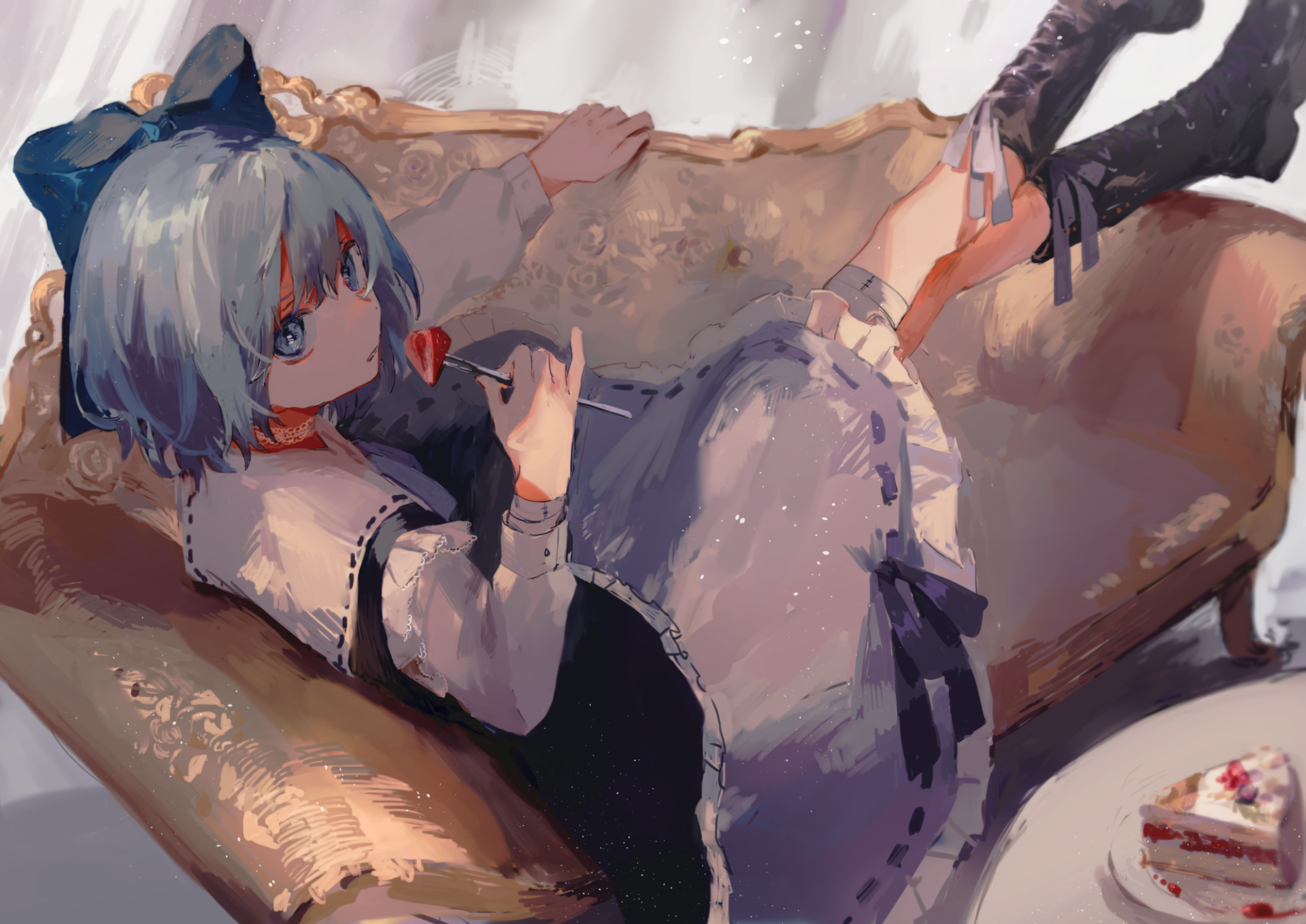 HD anime desktop wallpaper featuring Cirno from Touhou reclining on a vintage sofa, with soft lighting and detailed character design.