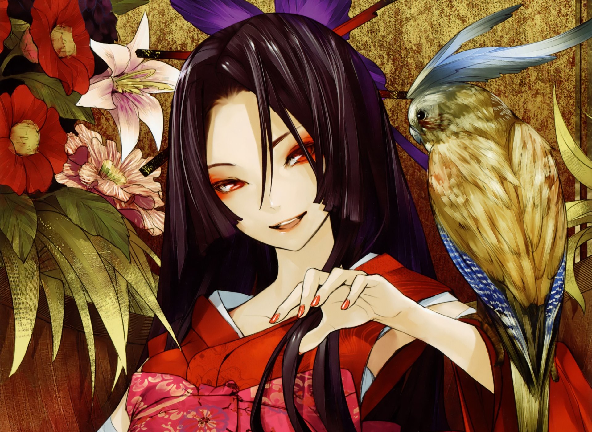 Colorful anime artwork featuring a dark-haired character dressed in traditional clothing, accompanied by a bird, set against a floral background. This HD original image is a detailed and vibrant desktop wallpaper.