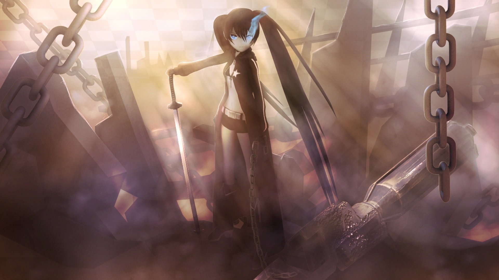 HD anime desktop wallpaper featuring a cute Black Rock Shooter character with long black hair and glowing blue eye, surrounded by chains and a smoky, atmospheric background.