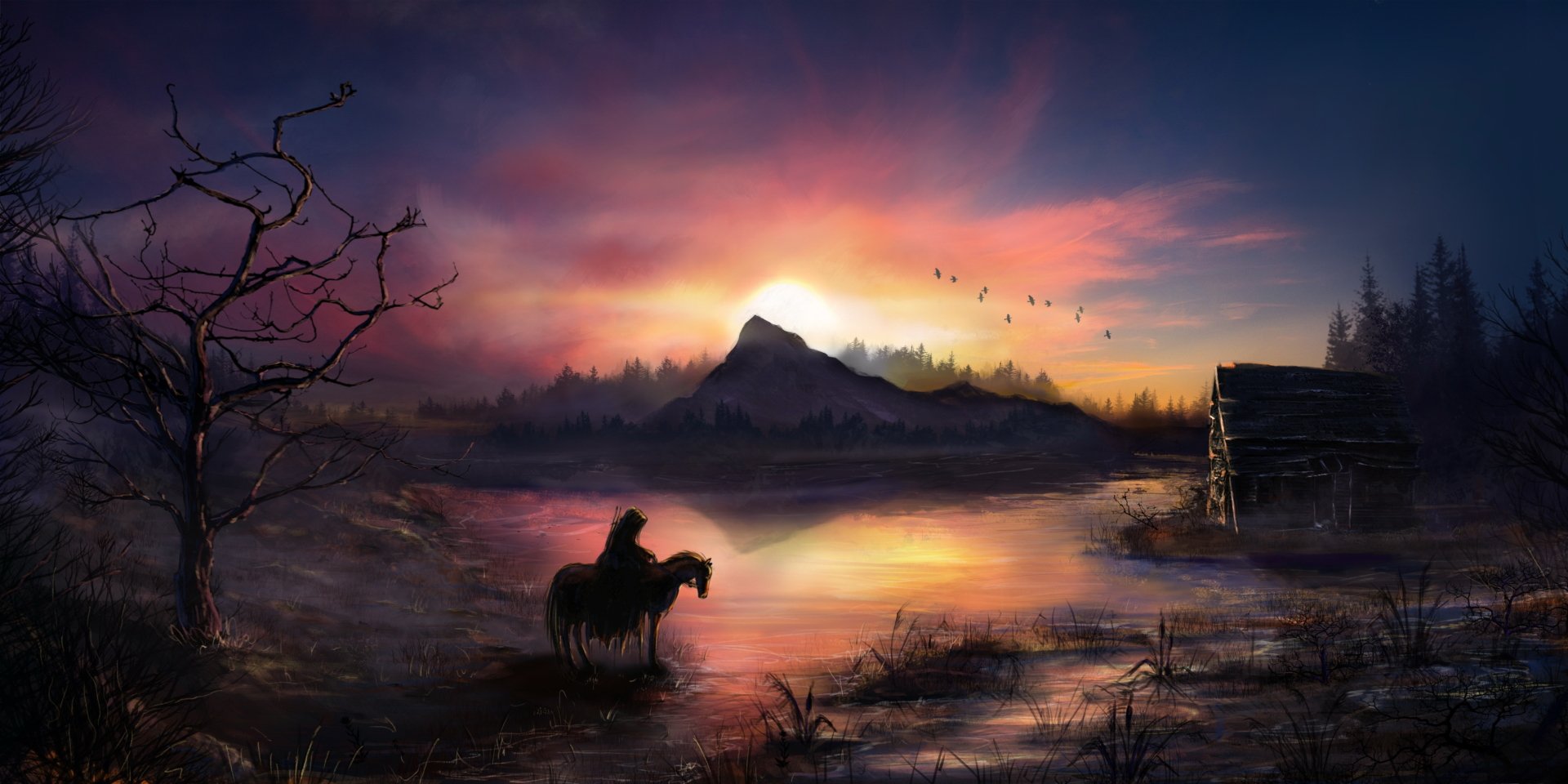 HD fantasy landscape wallpaper of a warrior on horseback in a misty swamp at sunrise, with a glowing sky, silhouetted mountain, and rustic cabin in the background.