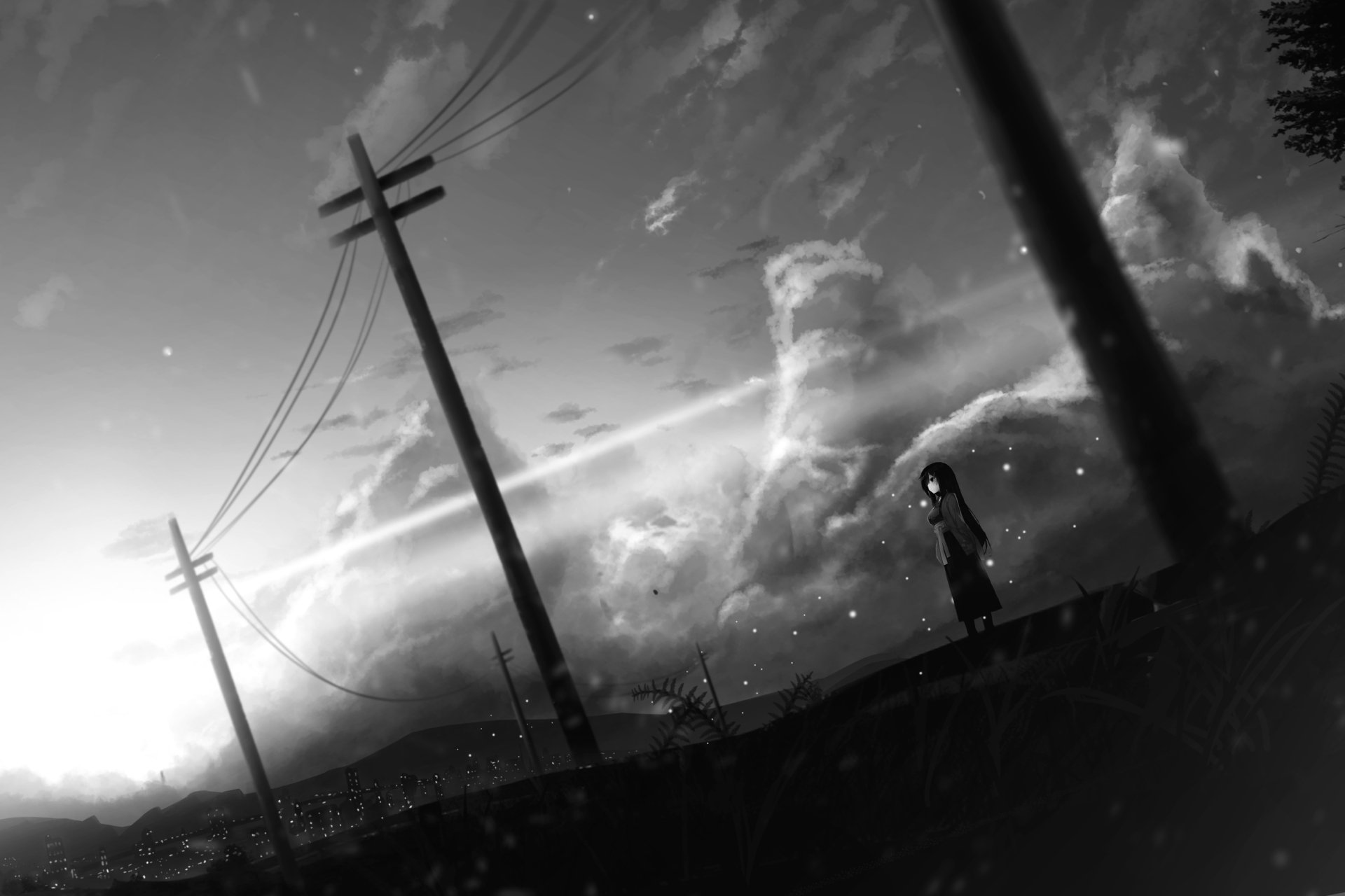 Monochrome anime scene featuring a solitary figure under power lines with dramatic clouds, designed as an HD PC desktop wallpaper and background.