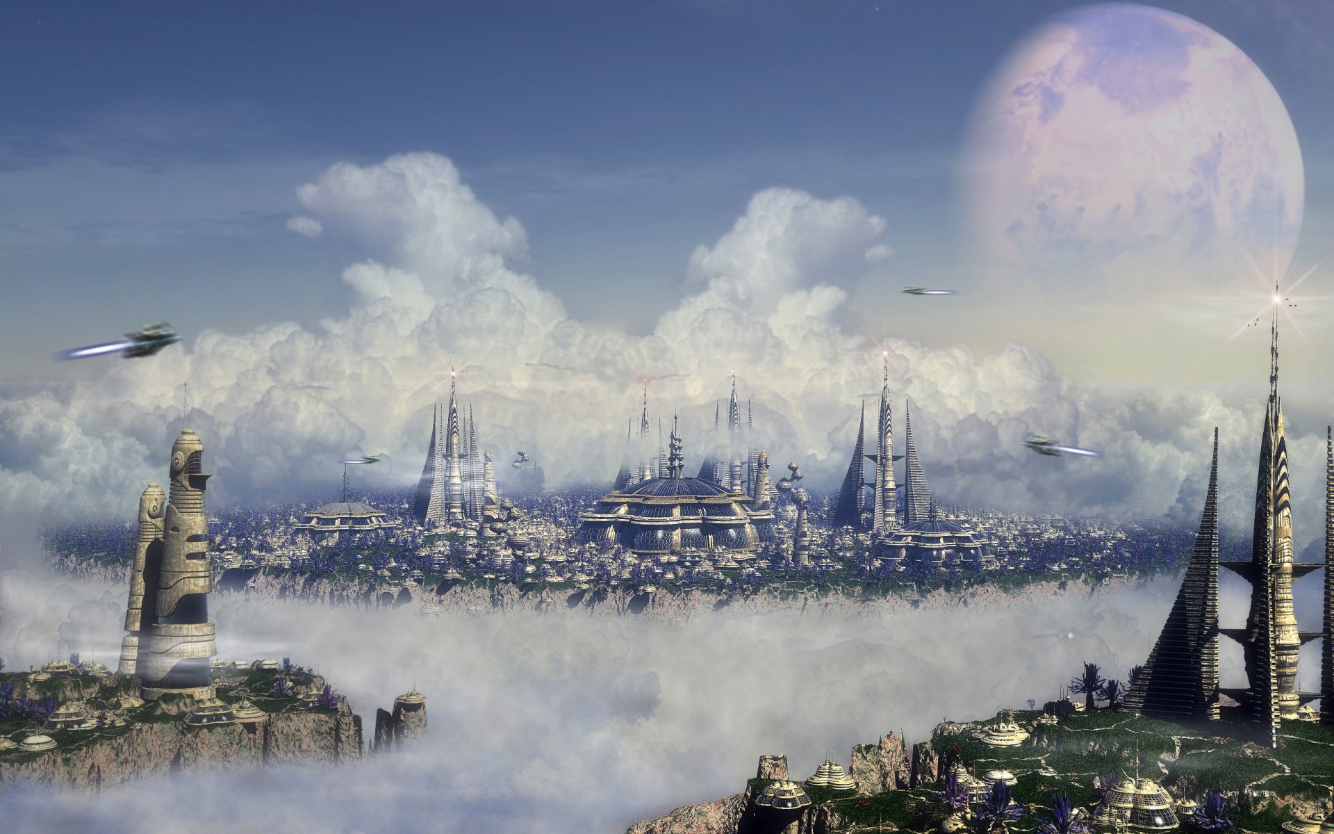 A stunning HD wallpaper showcasing a futuristic sci-fi city amidst clouds, under a vibrant sky with a large planet in the background and sleek ships soaring above.