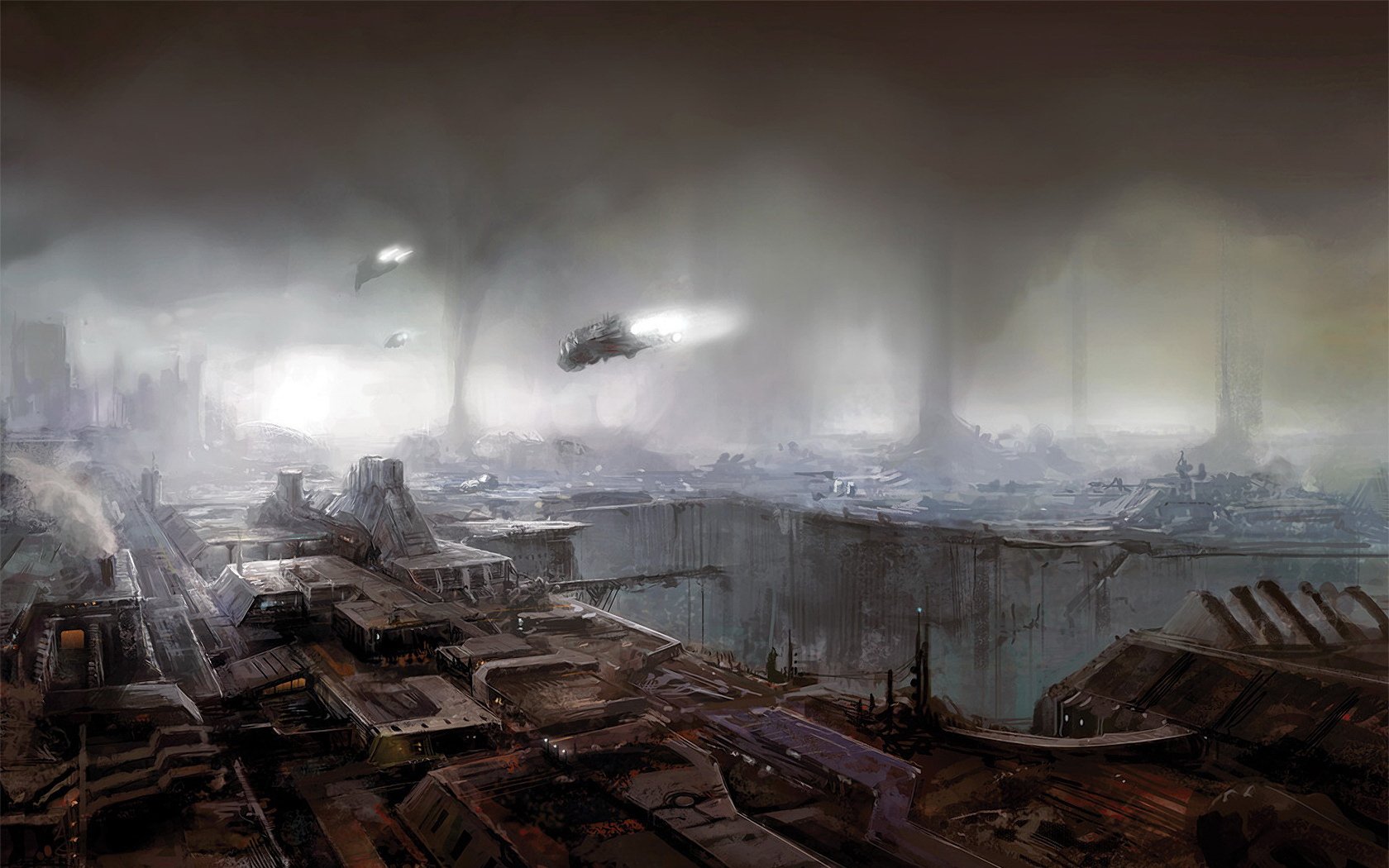 A futuristic cityscape shrouded in smoke, featuring a spaceship soaring above industrial structures, creating a captivating sci-fi atmosphere in HD detail.