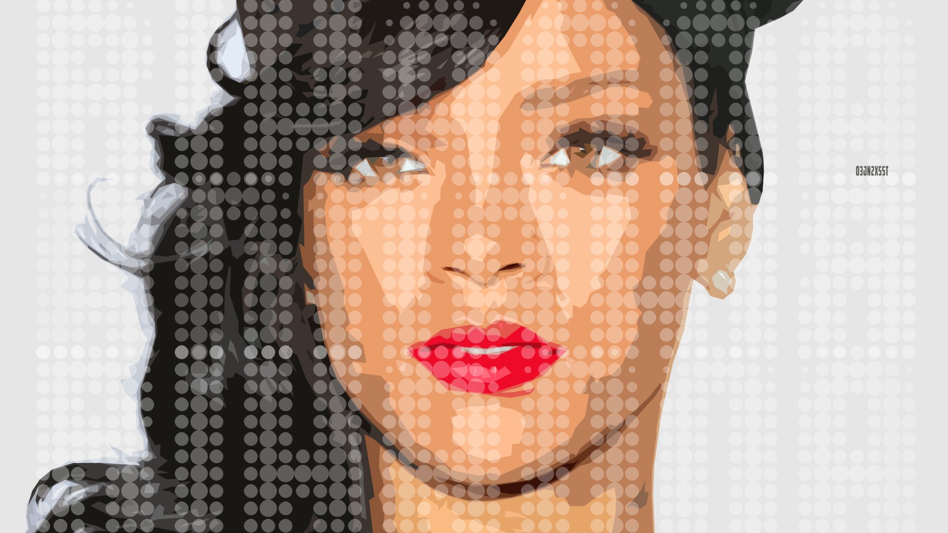 HD desktop wallpaper featuring a stylized portrait of actress and singer Rihanna, emphasizing her face with bold red lips and artistic dotted overlay.