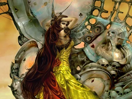 A gothic woman warrior with long hair poses confidently, wielding a dagger amidst a surreal, fantasy background featuring mechanical elements and skulls.