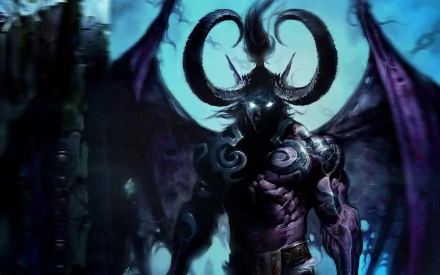 A striking HD wallpaper featuring Illidan Stormrage from the video game World of Warcraft, showcasing his iconic horns and dark, powerful presence amidst a mystical background.