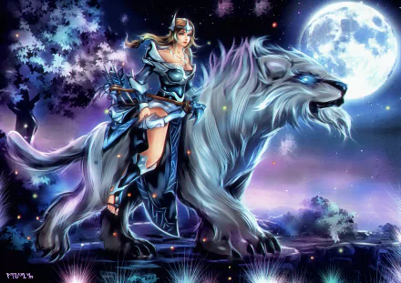 HD fantasy wallpaper featuring Mirana from Dota 2 as a fierce woman warrior riding a glowing beast under a bright full moon.