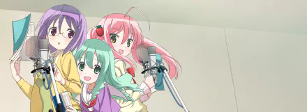 Anime HD desktop wallpaper featuring Ichigo Moesaki, Rin Kohana, and Futaba Ichinose from Sore ga Seiyuu! in a recording studio setting.