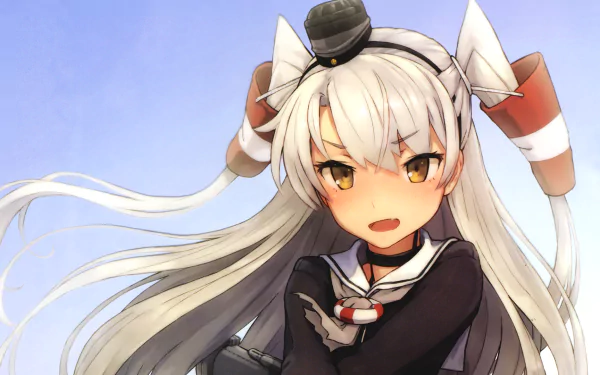 HD PC desktop wallpaper of Amatsukaze (Kancolle) from Kantai Collection: anime-style portrait with long silver hair, red-white ribbons, black naval uniform and arms crossed against a blue sky.