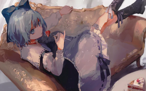 HD anime desktop wallpaper featuring Cirno from Touhou reclining on a vintage sofa, with soft lighting and detailed character design.