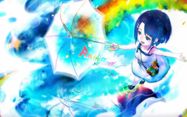 Colorful HD PC desktop wallpaper from the video game VOEZ: a smiling girl in a white dress holding a translucent umbrella amid swirling blue water and a rainbow, painted watercolor-style.