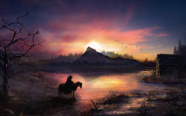 HD fantasy landscape wallpaper of a warrior on horseback in a misty swamp at sunrise, with a glowing sky, silhouetted mountain, and rustic cabin in the background.