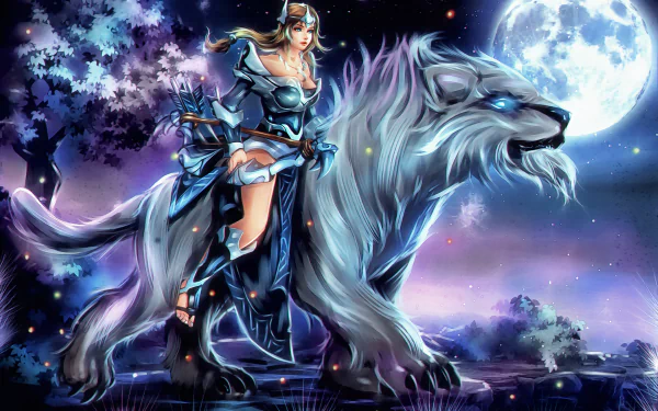 HD fantasy wallpaper featuring Mirana from Dota 2 as a fierce woman warrior riding a glowing beast under a bright full moon.