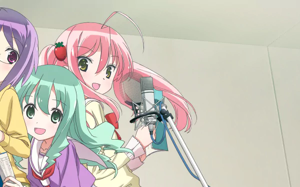 Anime HD desktop wallpaper featuring Ichigo Moesaki, Rin Kohana, and Futaba Ichinose from Sore ga Seiyuu! in a recording studio setting.