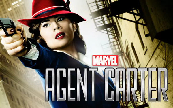 HD PC desktop wallpaper featuring Agent Carter from the Marvel TV show, depicted aiming a gun in a vintage cityscape setting.